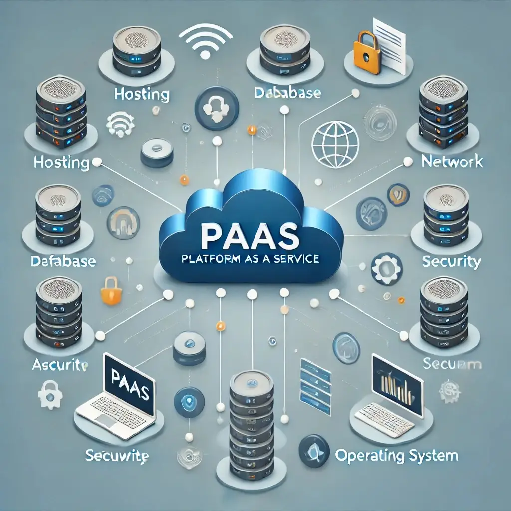 Infographic showing a central cloud labeled PAAS (Platform as a Service) connected to underlying cloud components including hosting servers, databases, networking, security layers, and user workstation interface