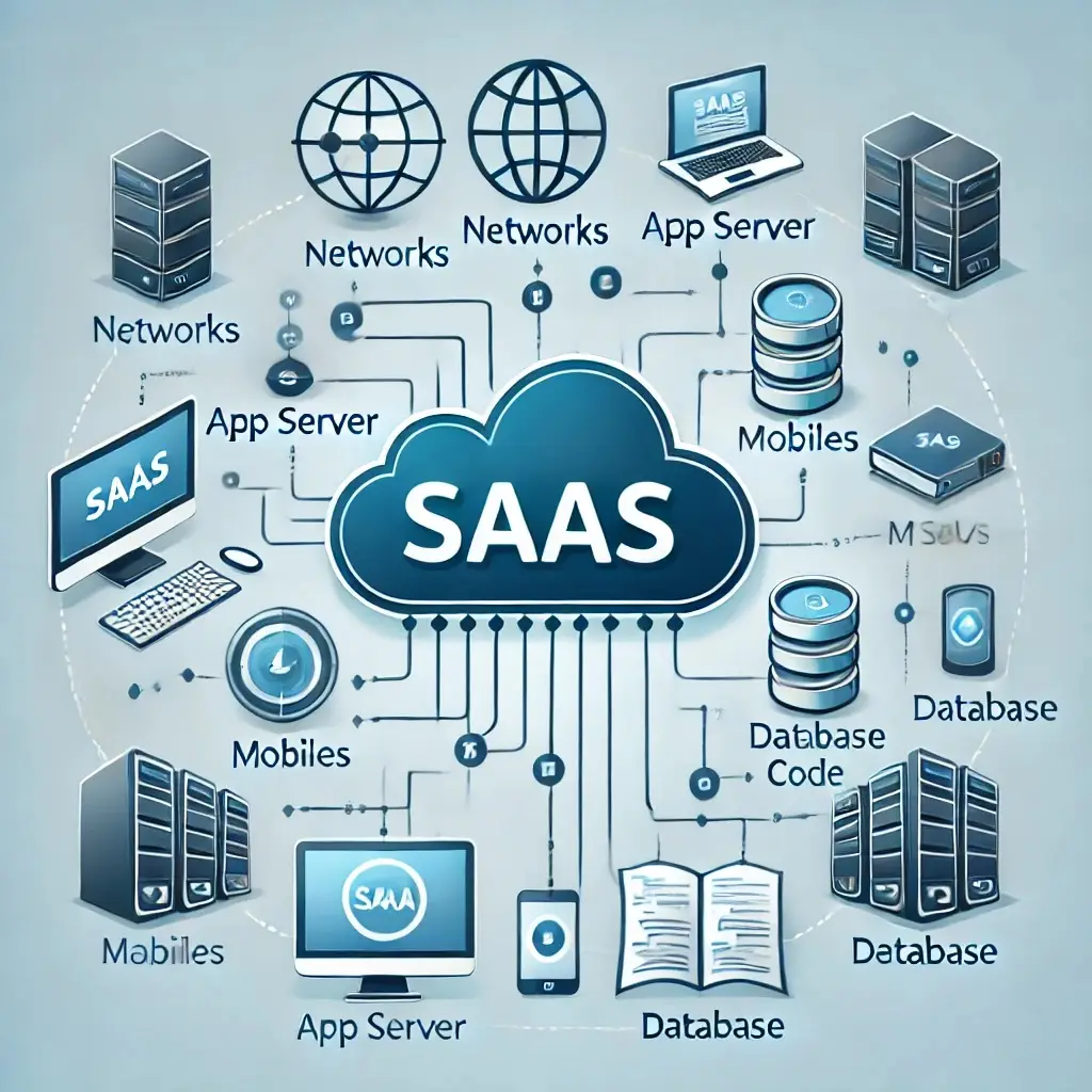 Conceptual diagram of Software as a Service (SaaS) architecture, showing a central cloud connected to end-user devices, application servers, network infrastructure, and databases.