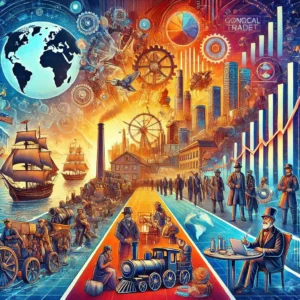 Illustration of political economy history showing ships, factories, workers, and economic charts.