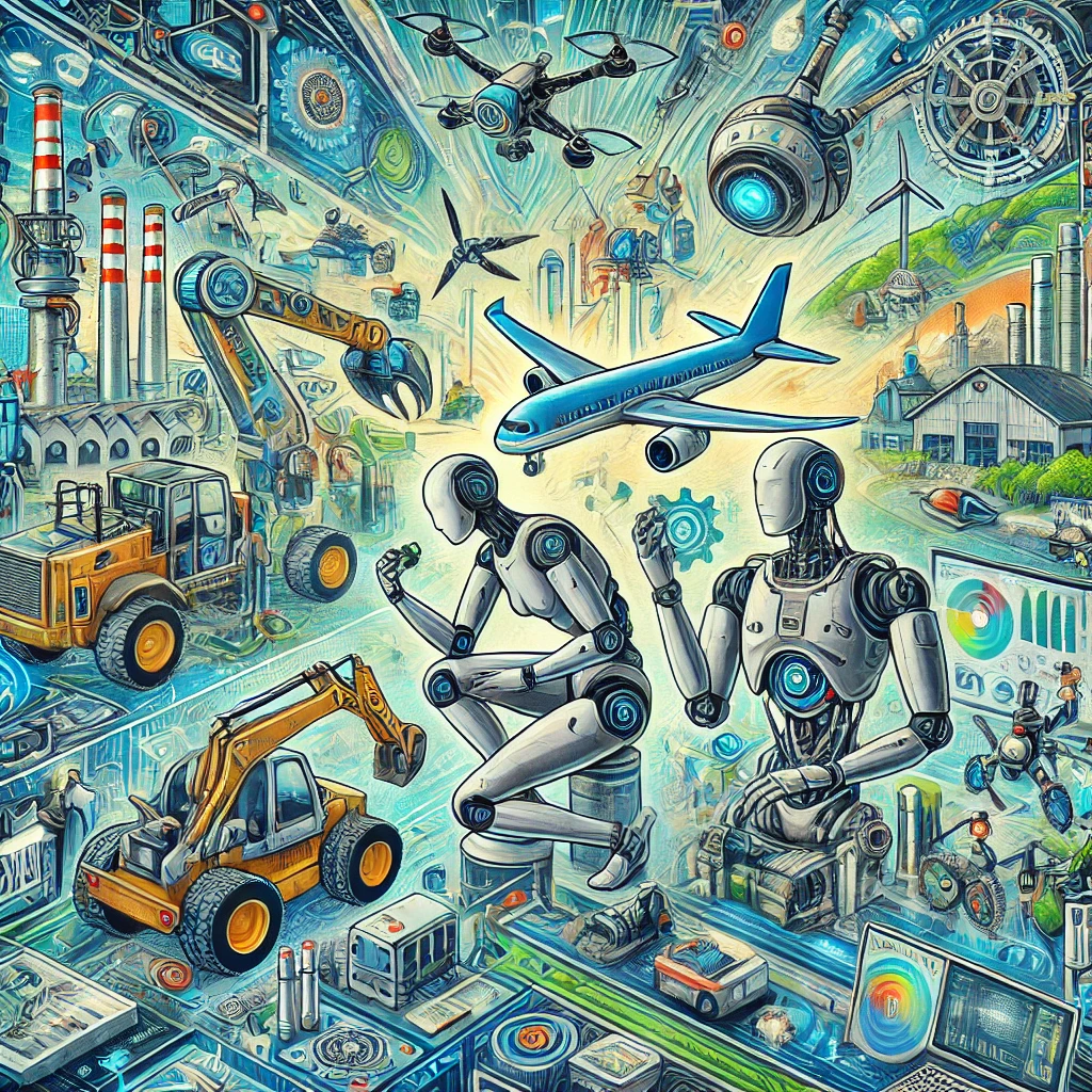 Robotics and Autonomous Systems overview illustration featuring articulated robotic manipulators, autonomous mobile platforms, sensor arrays, and computational control interfaces.