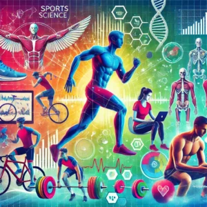 Illustration of sports science concepts including biomechanics, physiology, and training data visualization.