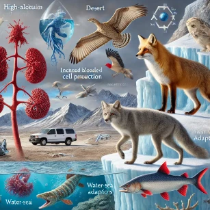 Adaptation in Physiology. It depicts various organisms adapting to extreme environments, including a high-altitude climber with increased red blood cell production, a desert animal conserving water, an arctic fox with thick fur for cold resistance, and a deep-sea fish adapted to high pressures.