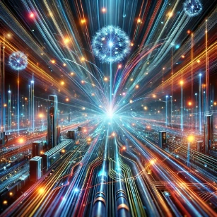 A futuristic depiction of the Applications of Quantum Optics in Photonics, illustrating high-speed data transfer through fiber-optic networks using manipulated light and quantum-level photon interactions.