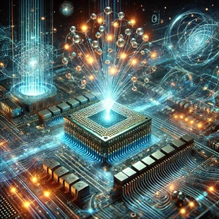 A futuristic depiction of the application of Quantum Optics in quantum computing, showcasing the role of photons in data processing and transfer.