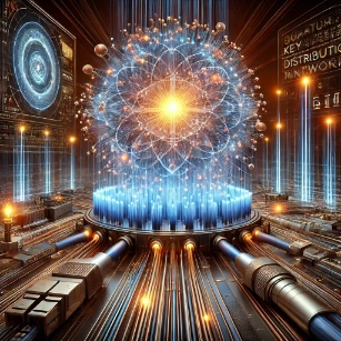 A futuristic illustration depicting quantum cryptography, showcasing secure communication enabled by quantum optics.