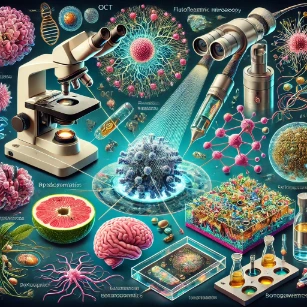 A visually intricate representation of bio-optics applications, highlighting medical imaging, cancer treatment, neuroscience research, tissue engineering, and environmental biosensing.