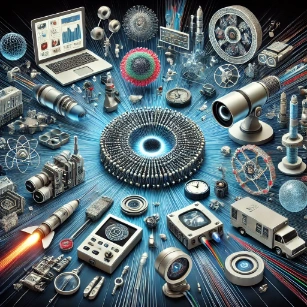 A visually detailed representation of fiber optics applications, showcasing high-speed telecommunications, medical imaging, fiber optic sensing, secure military communications, and industrial automation.