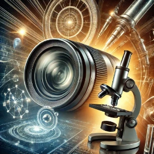 The image illustrates Applications of Light and Optics, showcasing the role of cameras, telescopes, and microscopes in capturing, magnifying, and analyzing visual information for scientific and astronomical exploration.