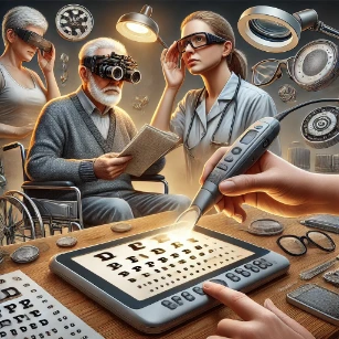 Applications of Visual Optics - Low Vision Aids including handheld magnifiers, electronic magnifiers, and specialized eyeglasses designed for individuals with impaired vision.