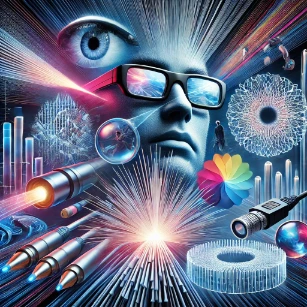A visually striking depiction of various applications of wave optics, including anti-reflective coatings, diffraction gratings, fiber optics, polarized sunglasses, and holography.