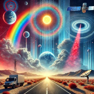 A visually striking representation of atmospheric and environmental optics, featuring natural light phenomena like rainbows, halos, and mirages, along with advanced optical monitoring technologies.