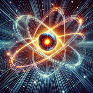 Illustration of atomic physics, depicting an atom with orbiting electrons, glowing energy levels, and vibrant atomic spectra lines.