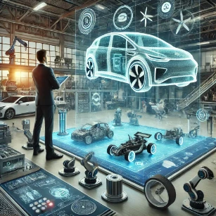Automotive Engineering - a futuristic laboratory with engineers analyzing holographic blueprints of electric vehicles, AI-driven testing simulations, robotic assembly lines, and advanced vehicle design. The background includes wind tunnels, crash test simulations, and real-time vehicle data monitoring, highlighting innovation and sustainability in automotive technology.
