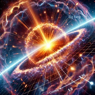 Big Bang Theory,: depicting the intense expansion of the singularity, cosmic inflation, the formation of subatomic particles, and the emergence of the first galaxies. 