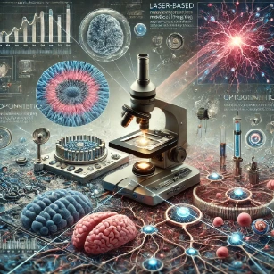 A visually striking representation of bio-optics, showcasing advanced microscopy, laser-based medical imaging, and optogenetics, illustrating the integration of light with biological systems for biomedical research and healthcare applications.