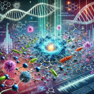 Biochemistry – A picture showcasing molecular structures of proteins, DNA/RNA, carbohydrates, and lipids interacting within a living cell. Glowing enzyme activity, genetic information transfer, and signal transduction pathways highlight key biochemical processes. The background features holographic metabolic pathways, bioinformatics data, and lab research elements, symbolizing advancements in biotechnology and molecular science.