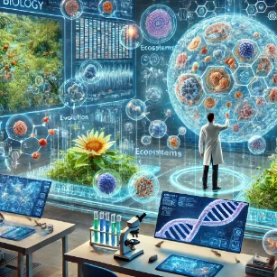 Introduction to Biology. It features a futuristic laboratory where scientists analyze DNA structures, cellular processes, and ecological systems through holographic displays. The background highlights interconnected elements of biology, including ecosystems, microbiology, and human anatomy, symbolizing the diverse and interdisciplinary nature of biological sciences.