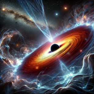 Black Holes and Dark Matter, showcasing a swirling black hole with an intense accretion disk, gravitationally distorted light, and a cosmic web-like structure representing dark matter.