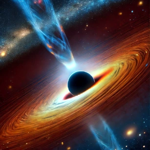 A black hole in deep space, showcasing its glowing accretion disk, gravitational lensing effects, and cosmic surroundings