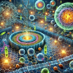  Cell Communication and Signaling. It features a highly detailed microscopic view of interconnected cells exchanging biochemical signals, with glowing molecular messengers traveling between them. The background highlights intricate intracellular signaling pathways, emphasizing the dynamic and complex nature of cellular communication. 