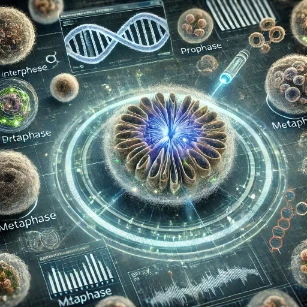 Cell Cycle and Division. It features a futuristic microscopic visualization of cells progressing through different stages of mitosis, with chromosomes aligning, separating, and moving toward opposite poles. The background includes a high-tech bioinformatics interface displaying data on cell cycle checkpoints and genetic regulation, emphasizing the medical and research significance of this process.