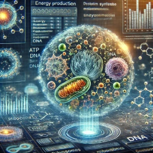 Cell Physiology and Biochemistry. It features a futuristic microscopic visualization of cells engaged in vital biochemical processes, including energy production in mitochondria, protein synthesis in ribosomes, and enzymatic activity. The background includes an advanced bioinformatics interface displaying real-time metabolic data and molecular interactions, emphasizing the complexity of cellular functions in sustaining life.