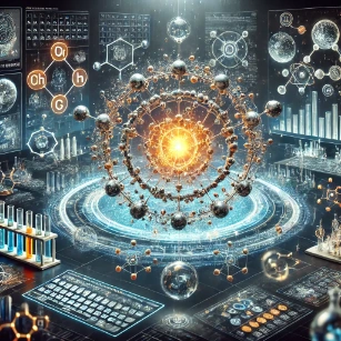 Chemistry. It showcases a glowing molecular structure at the center, symbolizing the fundamental building blocks of matter, with holographic elements representing chemical reactions, the periodic table, and laboratory equipment. A futuristic research facility in the background highlights chemistry’s applications in medicine, energy, and materials science.