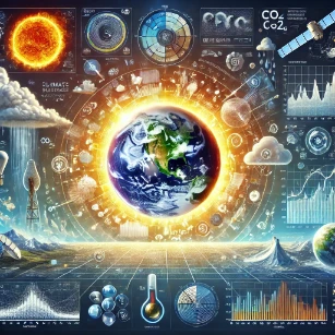 Climate Science, featuring Earth's climate system with atmospheric interactions, ocean currents, and greenhouse gas emissions. It includes climate patterns, weather phenomena, satellite imaging, and data visualizations representing temperature changes and CO2 levels, symbolizing the scientific study and monitoring of climate change.