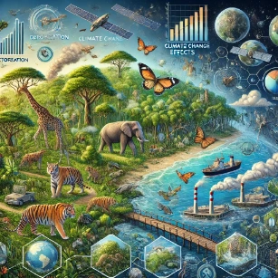 Conservation Science, highlighting thriving ecosystems, endangered species, environmental challenges, and conservation efforts.