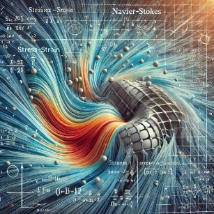 Illustration of Continuum Mechanics, depicting both solid mechanics (stress-strain distribution) and fluid mechanics (flow dynamics with velocity vectors), along with mathematical notations representing core principles.