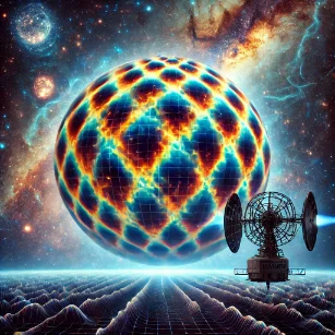 Cosmic Microwave Background (CMB): illustrating the faint temperature fluctuations of the early universe, with a futuristic satellite scanning the radiation.