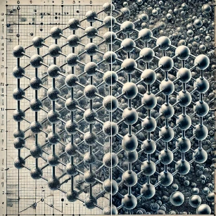 A scientific illustration comparing crystalline solids with a highly ordered atomic lattice and amorphous solids with a disordered atomic arrangement.
