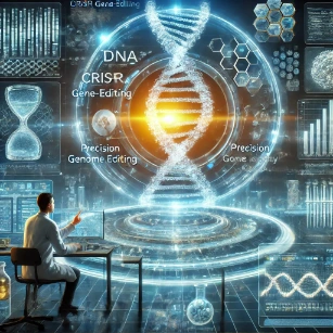 DNA Technology and Genetic Engineering. It features a futuristic biotechnology laboratory where scientists manipulate genetic material using AI-driven holographic displays. The scene highlights CRISPR gene-editing, genetic modification, and synthetic biology applications, emphasizing the transformative impact of genetic engineering in medicine, agriculture, and environmental science. 
