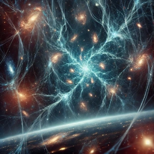 Dark Matter- depiction of dark matter in the universe, illustrating the intricate cosmic web structure and its gravitational influence on galaxies.