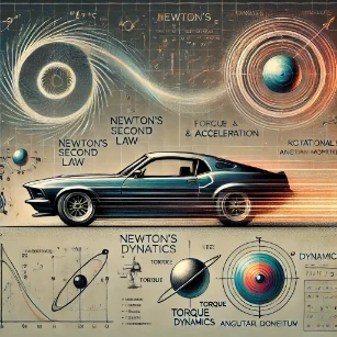 Illustration of Dynamics in physics, depicting key aspects such as Newton’s Second Law, rotational dynamics, and torque.
