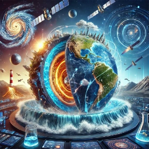 Earth Sciences, illustrating the interconnected components of the Earth's geosphere, hydrosphere, and atmosphere with dynamic geological and environmental processes.