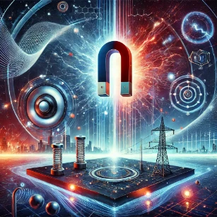 The image vividly illustrates Electricity and Magnetism, featuring glowing electric currents, swirling magnetic field lines, electromagnetic waves, and a futuristic cityscape powered by energy, symbolizing the forces that drive modern technology.