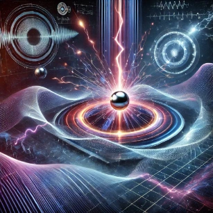 The image illustrates Electrodynamics, depicting dynamic electric and magnetic field lines, electromagnetic waves propagating through space, and energy transfer through conductive materials,