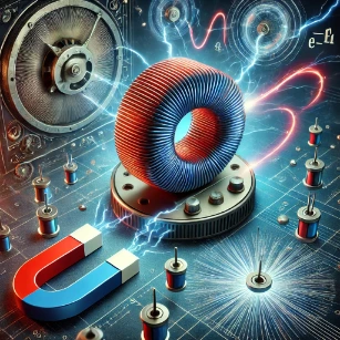 The image illustrates Electromagnetic Induction, depicting a moving magnet near a coil generating electric currents, dynamic magnetic field lines, and applications such as electric generators and wireless charging.