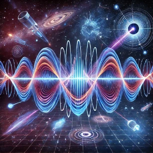 The image illustrates Electromagnetic Waves, depicting oscillating electric and magnetic fields propagating through space, alongside representations of the electromagnetic spectrum, space communication, and modern wireless technologies.