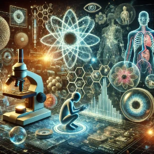 A futuristic visualization of emerging applications of light and optics, showcasing holography, AR/VR, and bio-optical imaging in advanced technology.