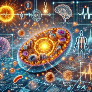 Energy and Metabolism in physiology. It showcases a glowing biochemical pathway inside a human cell, highlighting key metabolic processes such as ATP production, glycolysis, and energy storage. Holographic elements display metabolic pathways, while the background features a high-tech biomedical setting symbolizing AI-driven metabolic analysis.