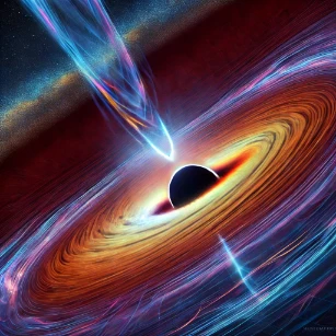 Event Horizons and Singularities - illustration that highlights the event horizon and singularity of a black hole in a more surreal and artistic style. The image captures the gravitational warping of space-time, the luminous accretion disk, and the dramatic bending of light around the singularity. 
