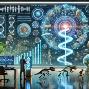 Evolutionary Biology - a futuristic visualization of life's progression through a holographic evolutionary tree, with a scientist analyzing genetic mutations, fossil records, and species divergence. The background showcases an AI-driven research facility focused on evolutionary simulations and genome sequencing.