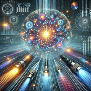 A visually striking representation of fiber optics, illustrating glowing light signals traveling through fiber optic cables, symbolizing high-speed data transmission, medical imaging, and future quantum communication.