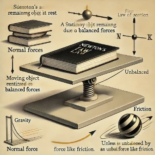 Newton’s First Law of Motion, depicting a stationary object remaining at rest due to balanced forces and a moving object continuing in motion unless acted upon by an unbalanced force. 