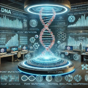 Genetic Mutations and Their Effects. It showcases a futuristic molecular biology research lab where scientists analyze different types of DNA mutations, including point mutations, insertions, deletions, and chromosomal rearrangements. The scene highlights their effects on genetic disorders, protein functions, and evolutionary adaptations.