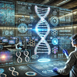 Genetics - a futuristic laboratory where scientists analyze DNA sequences, genetic mutations, and molecular structures using holographic displays. The scene includes AI-driven genome sequencing, genetic data analysis, and CRISPR technology applications, emphasizing the transformative potential of genetics in science and medicine.