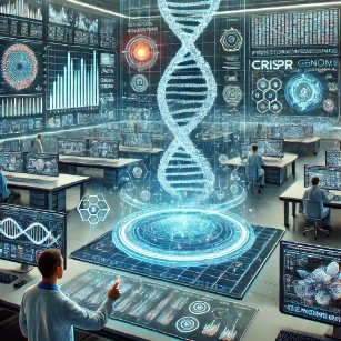 Genomics - a futuristic research laboratory where scientists analyze entire genomes using AI-driven holographic displays. The scene includes high-throughput sequencing, bioinformatics-driven genetic mapping, and CRISPR genome editing technology, emphasizing the transformative power of genomics in modern biology and medicine.