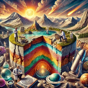 Illustration of Geology, showcasing Earth's solid foundations. The image features a cross-section of Earth's layers, geological formations, and scientists studying rock structures, highlighting the dynamic processes that shape our planet.